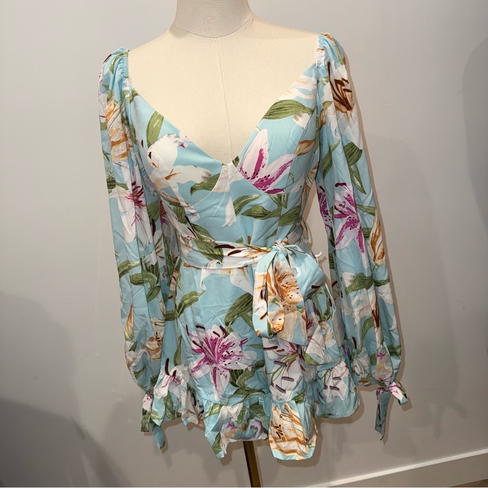 Floral Long Sleeve Romper with bow detail